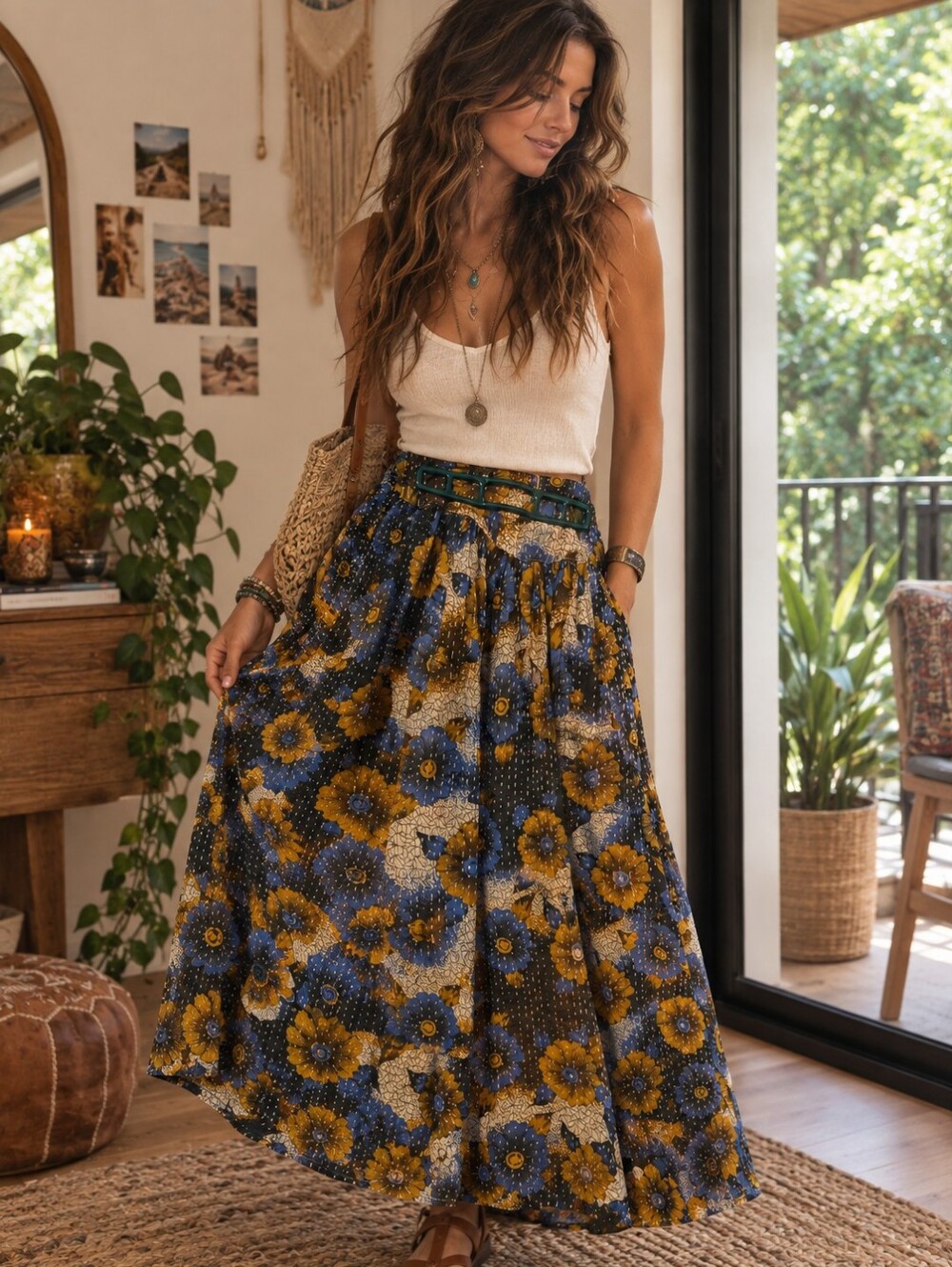 Rashika Kantha Floral Smocked Waist Midi Skirt By Renew Vintage